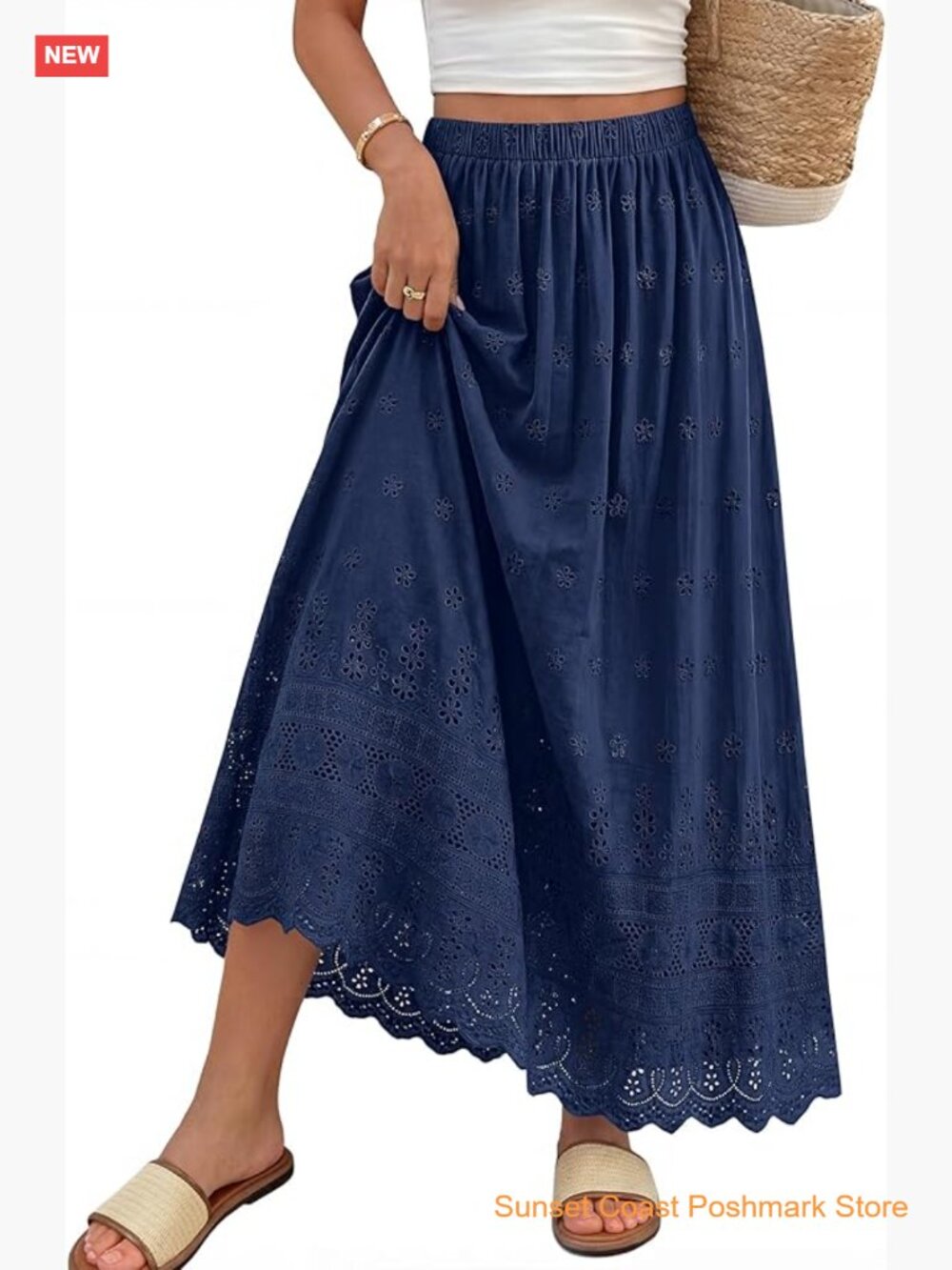 Maxi Skirt High Waisted Boho Eyelet A-Line Cotton Flowy Long Skirt